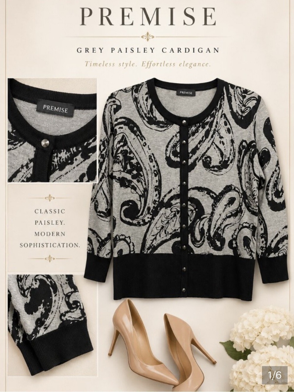 Premise Black Grey Paisley Button Front Cardigan Medium